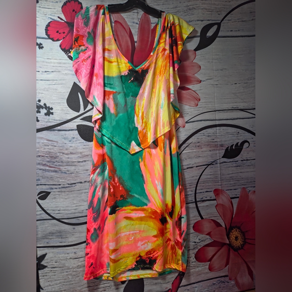 Pink and Yellow Flutter Sleeve Sundress with Cowl Neck